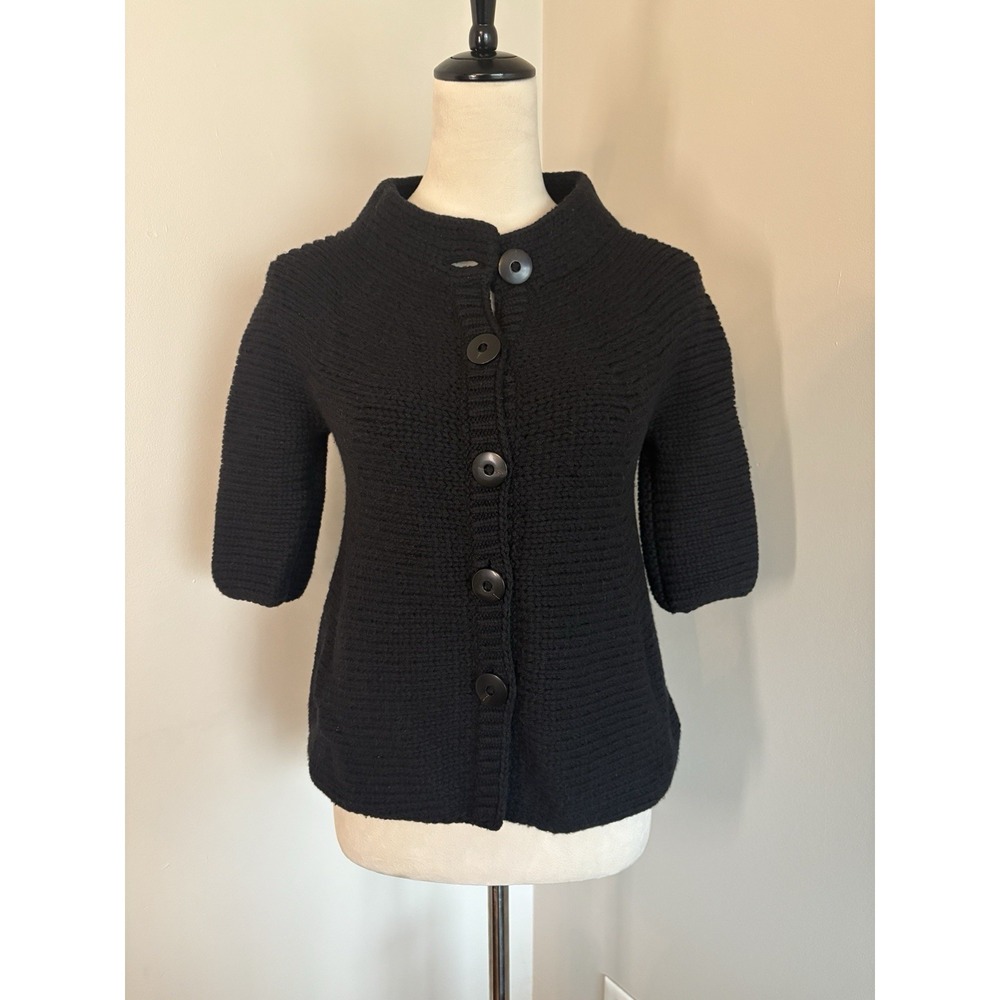 Vince Black Cardigan Half Sleeve Sweater Chunky Knit Button Up Minimalist Small